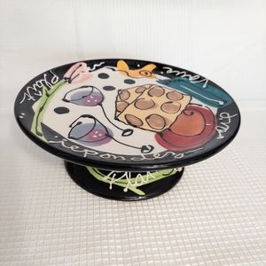 Wine Cheese Snack Plate Pedestal Cake Serving Dish Joanne Deloma Black
